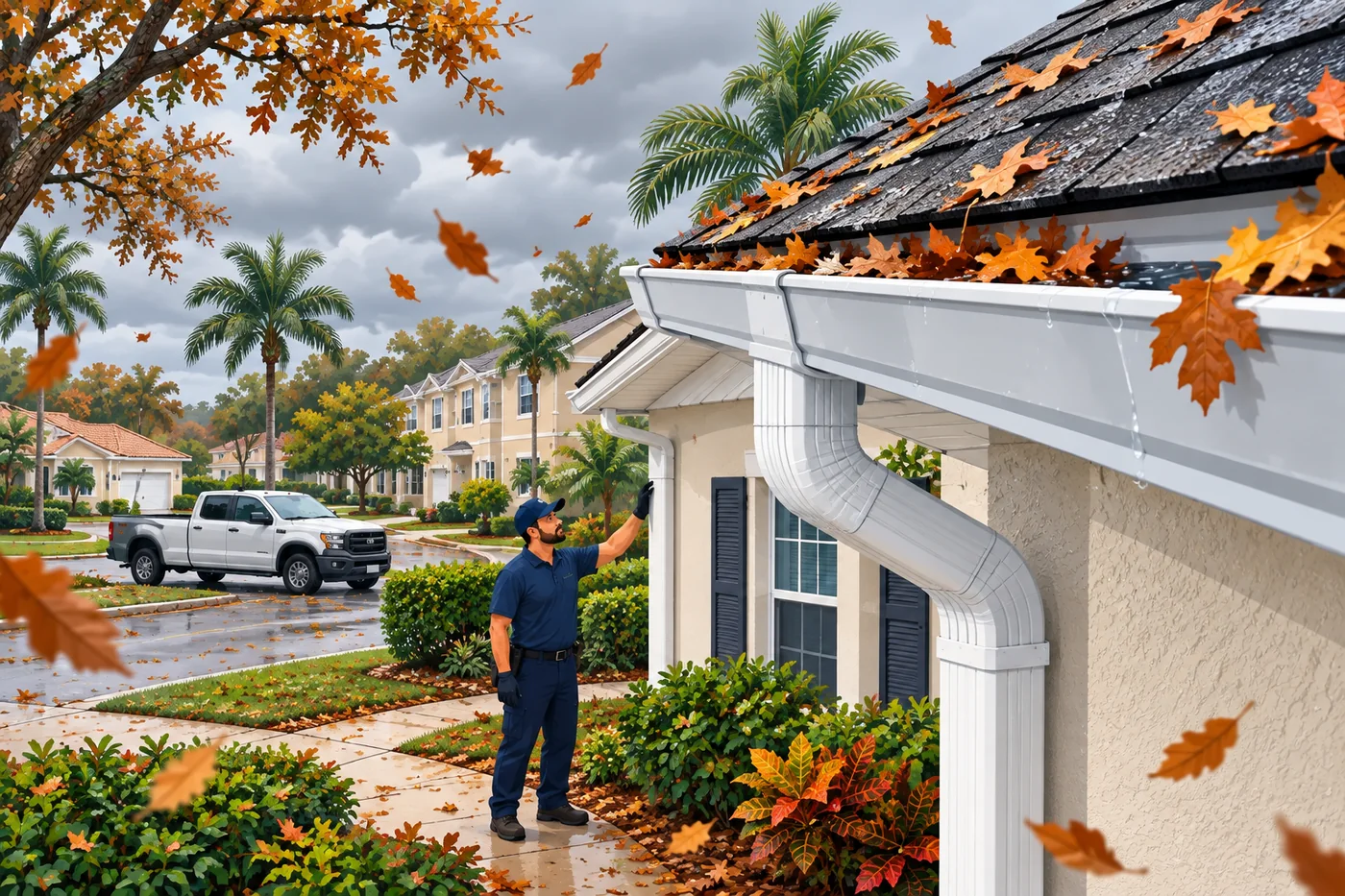 Illustration: gutters and a downspout at a Orange County-area home in Florida weather