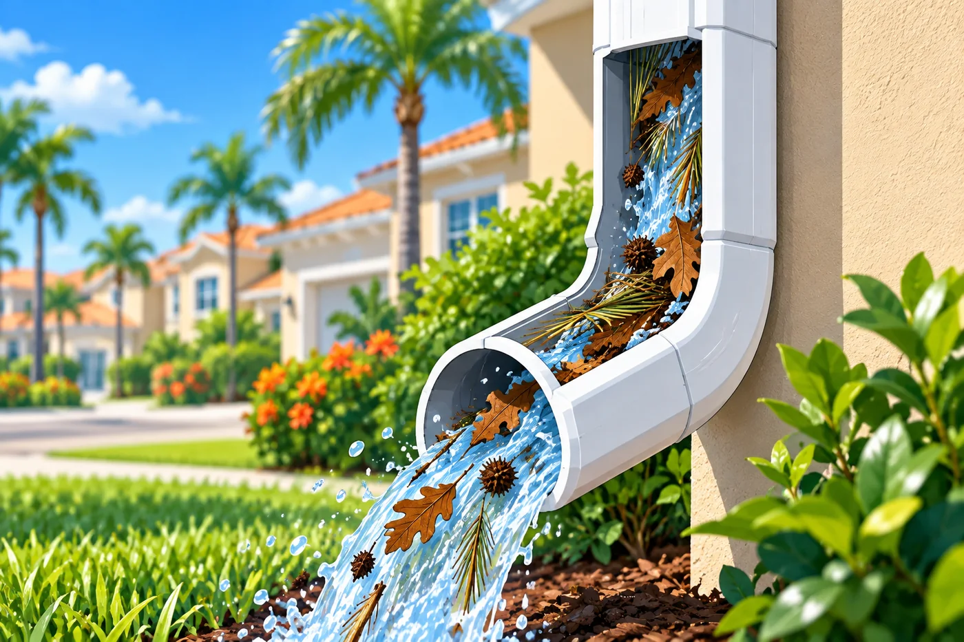Illustration: gutter debris and cleaning at a Florida home near Orange County